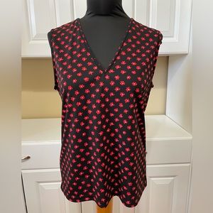 DKNY Y2K Woman's Floral Tank Size L Black Red Jersey Knit V-Neck Sleeveless Top
